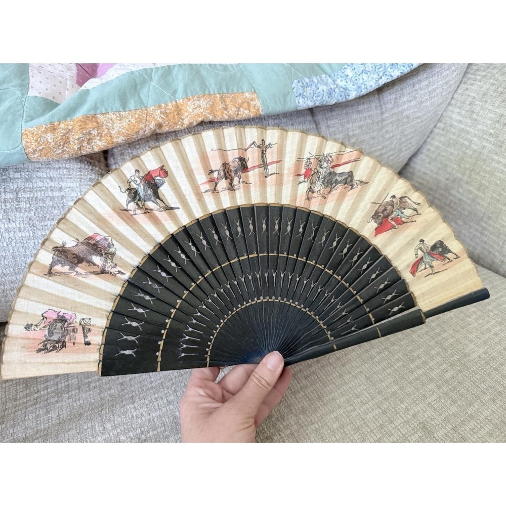 Spanish Fan Hand Painted Linen Wood Transfer Print‎ Bull Fighter Euro Antique